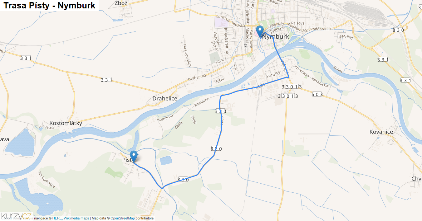 Písty-Nymburk, mapa trasy