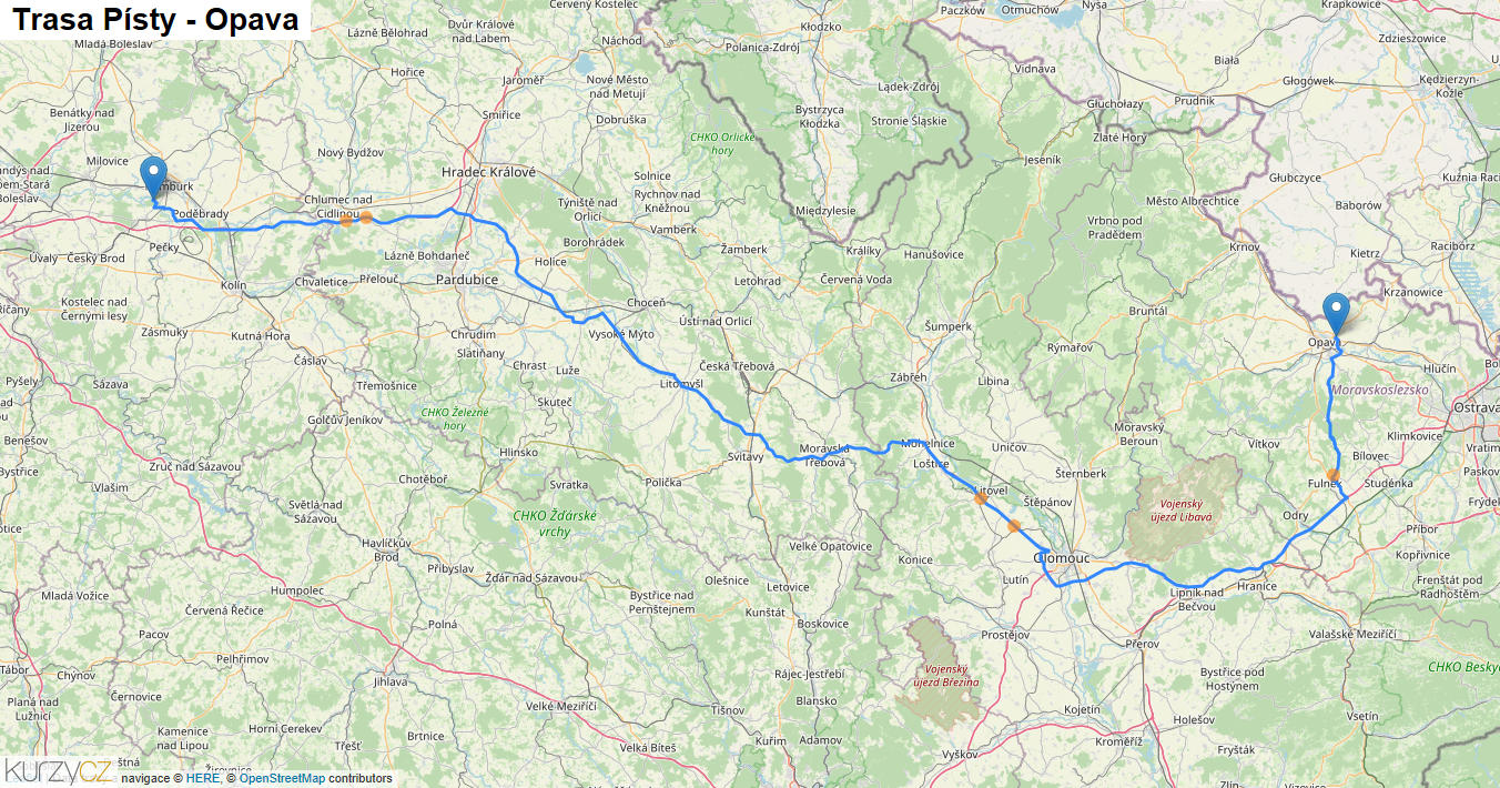 Písty-Opava, mapa trasy