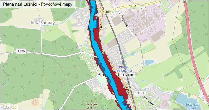 Planá nad Lužnicí - záplavové mapy stoleté vody