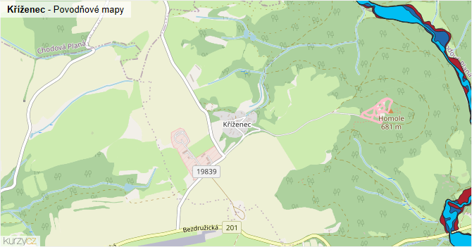 Kříženec - záplavové mapy stoleté vody