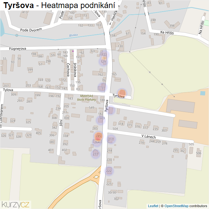 Mapa Tyršova - Firmy v ulici.