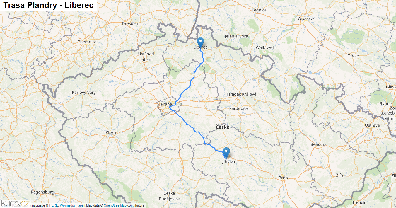 Plandry-Liberec, mapa trasy