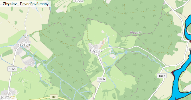 Zbyslav - záplavové mapy stoleté vody