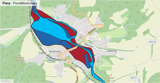 Plasy - záplavové mapy stoleté vody