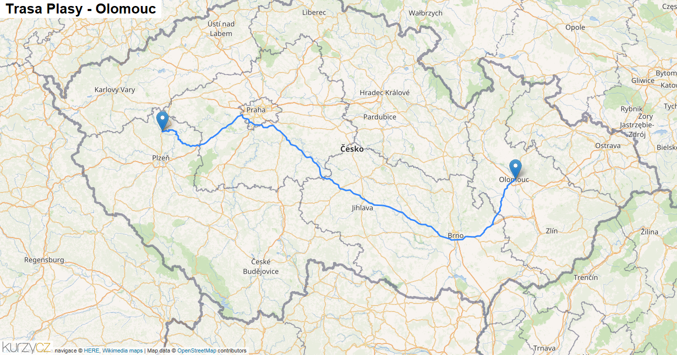 Plasy-Olomouc, mapa trasy