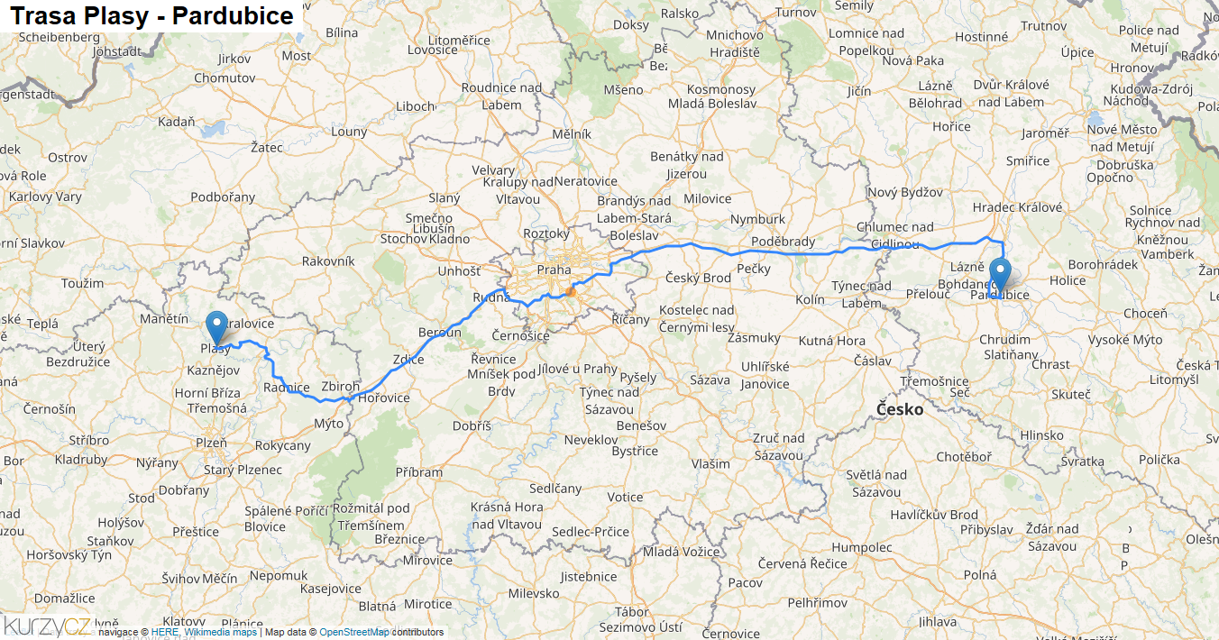 Plasy-Pardubice, mapa trasy