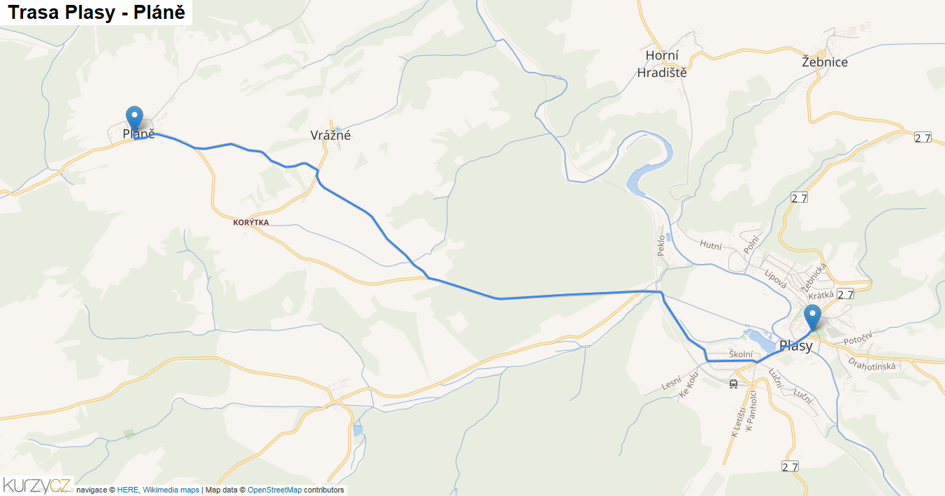 Plasy-Pláně, mapa trasy