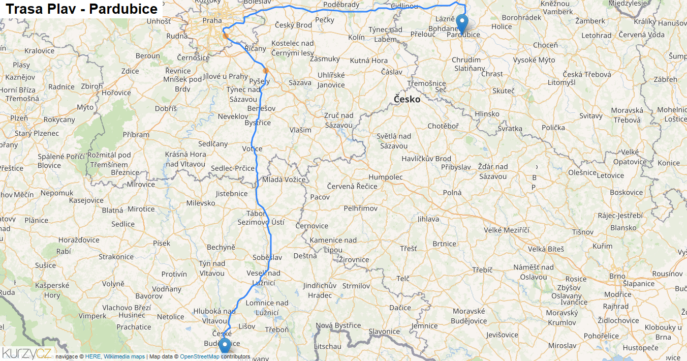 Plav-Pardubice, mapa trasy