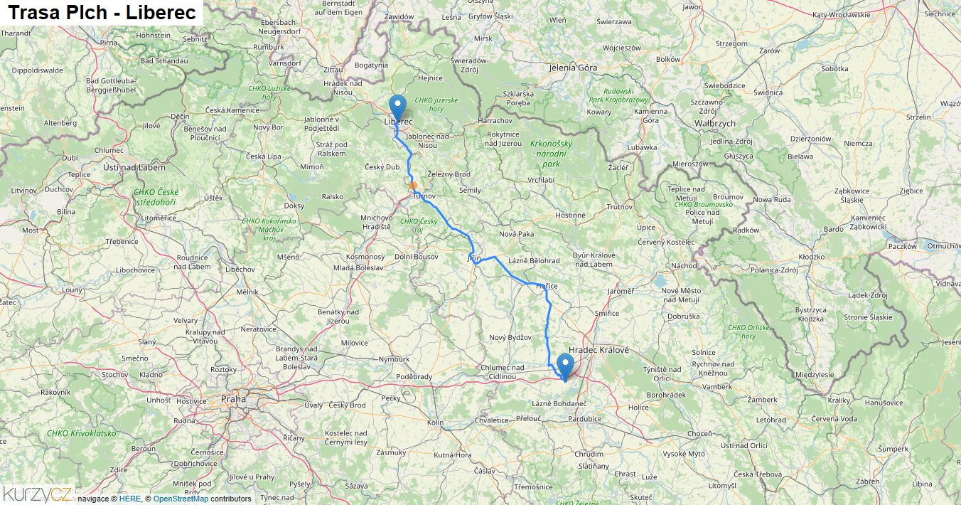 Plch-Liberec, mapa trasy