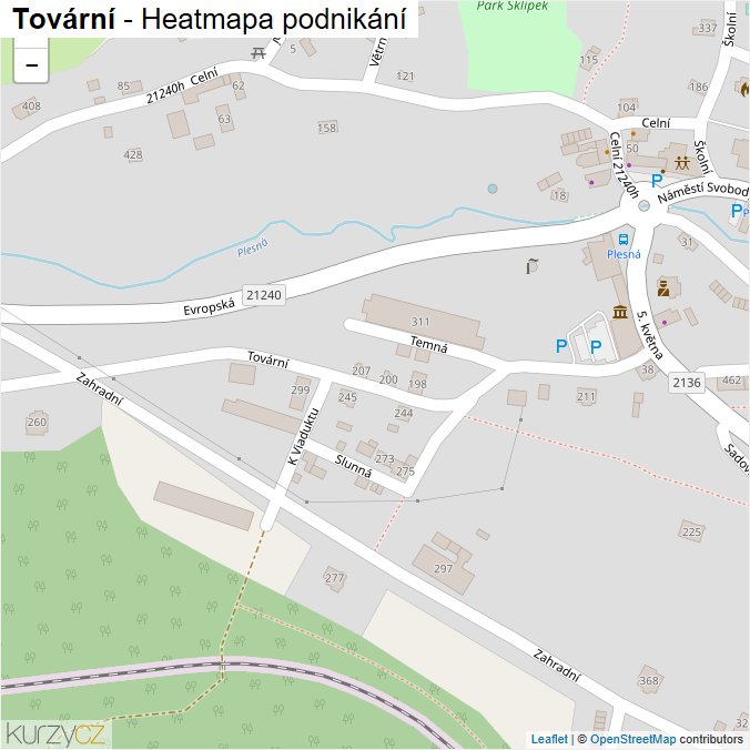 Mapa Tovární - Firmy v ulici.