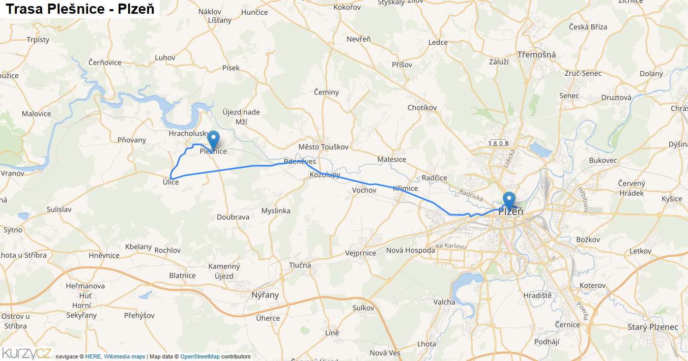 Plešnice-Plzeň, mapa trasy