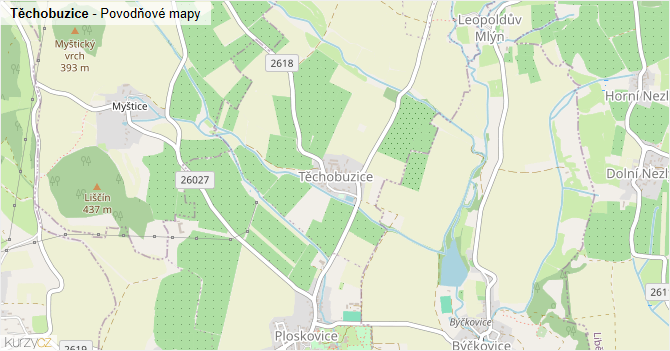 Těchobuzice - záplavové mapy stoleté vody