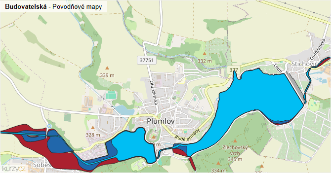 Budovatelská - záplavové mapy stoleté vody