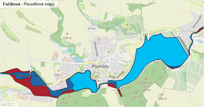 Fučíkova - záplavové mapy stoleté vody