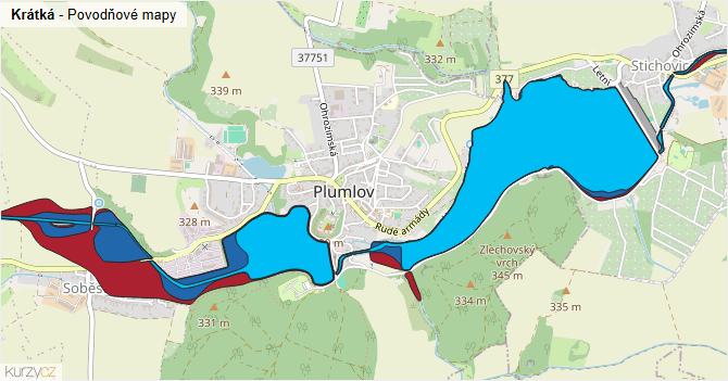 Krátká - záplavové mapy stoleté vody