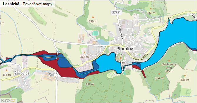 Lesnická - záplavové mapy stoleté vody