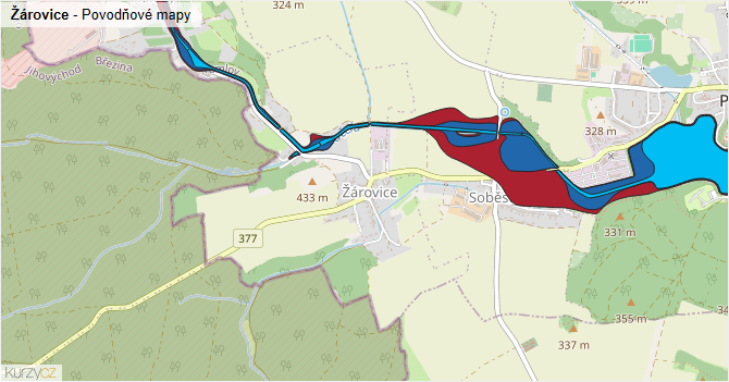 Žárovice - záplavové mapy stoleté vody