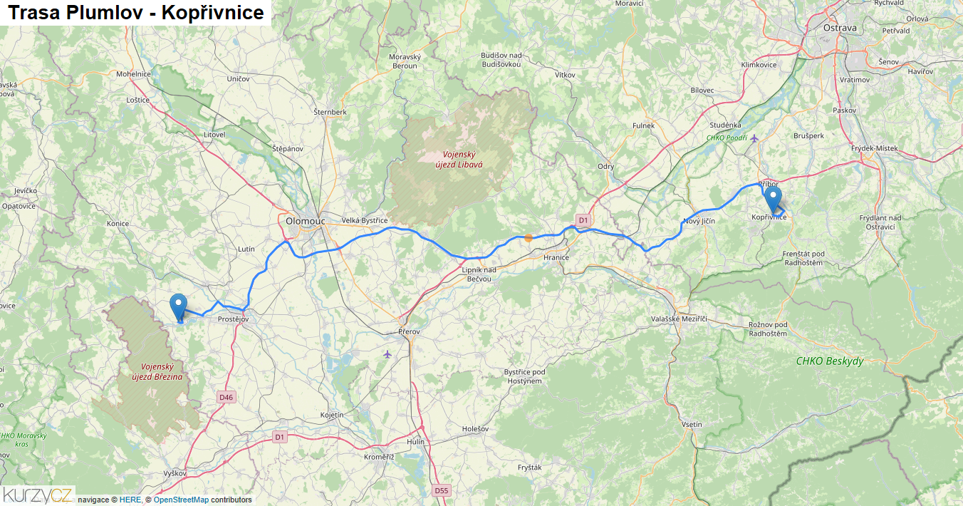 Plumlov-Kopřivnice, mapa trasy