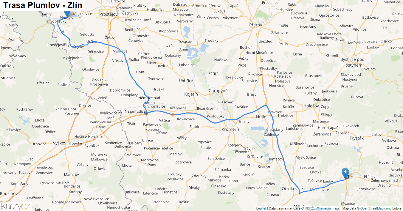 Plumlov-Zlín, mapa trasy