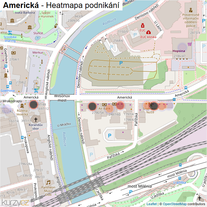 Mapa Americká - Firmy v ulici.