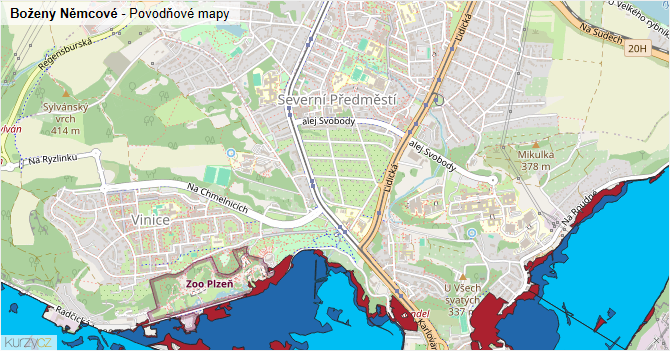 Boženy Němcové - záplavové mapy stoleté vody