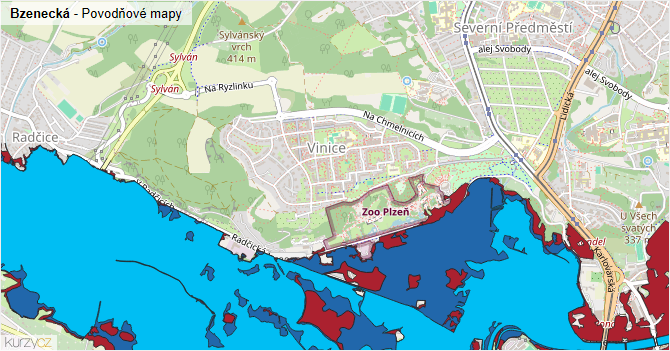 Bzenecká - záplavové mapy stoleté vody