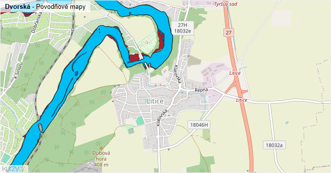 Dvorská - záplavové mapy stoleté vody