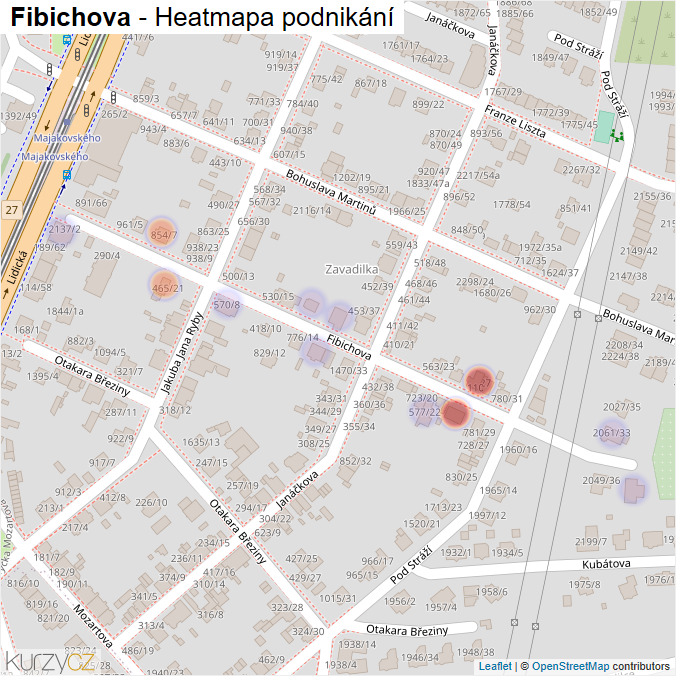 Mapa Fibichova - Firmy v ulici.