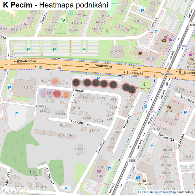 Mapa K Pecím - Firmy v ulici.