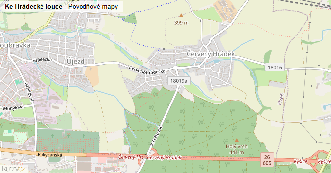 Ke Hrádecké louce - záplavové mapy stoleté vody