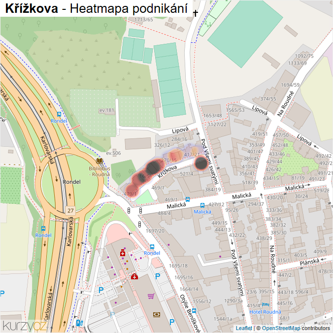 Mapa Křížkova - Firmy v ulici.