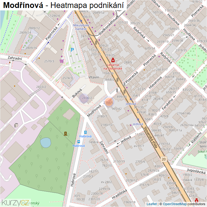 Mapa Modřínová - Firmy v ulici.