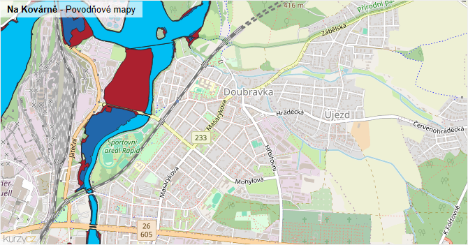 Na Kovárně - záplavové mapy stoleté vody