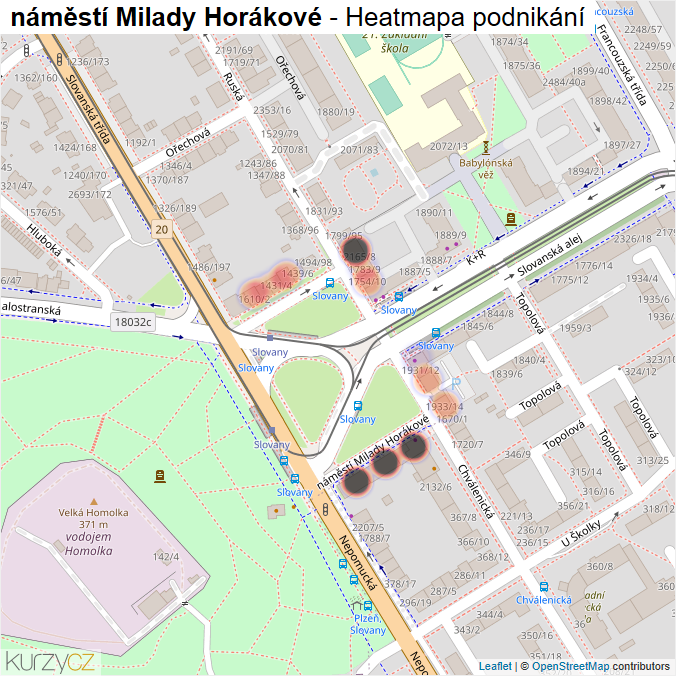 Mapa náměstí Milady Horákové - Firmy v ulici.