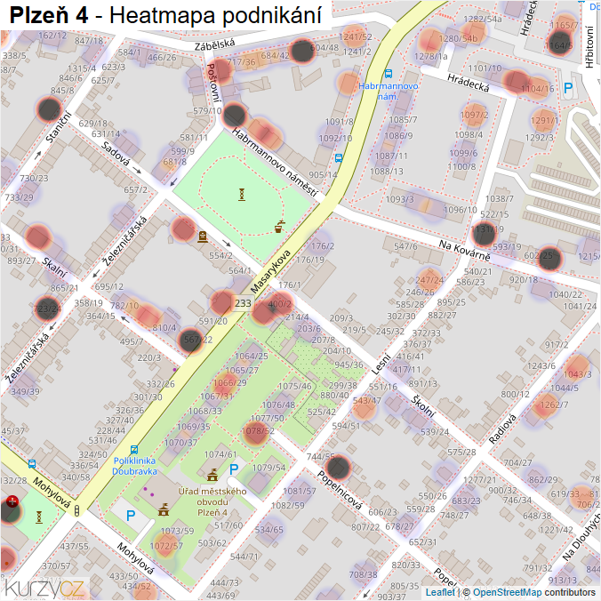 Mapa Plzeň 4 - Firmy v městské části.