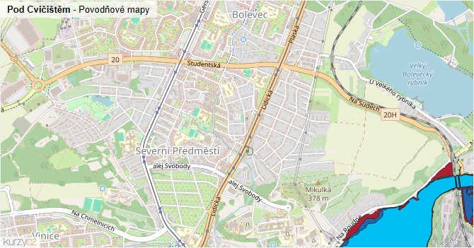 Pod Cvičištěm - záplavové mapy stoleté vody