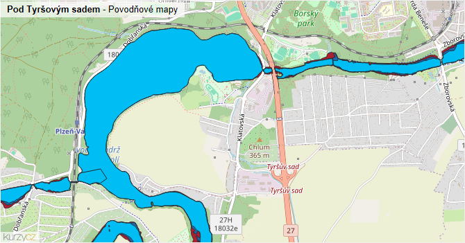 Pod Tyršovým sadem - záplavové mapy stoleté vody