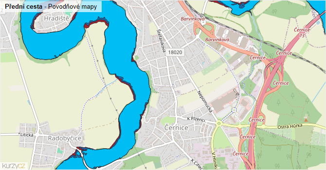 Přední cesta - záplavové mapy stoleté vody