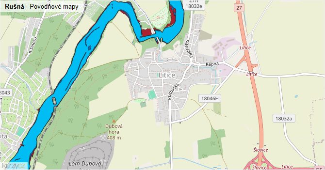 Rušná - záplavové mapy stoleté vody