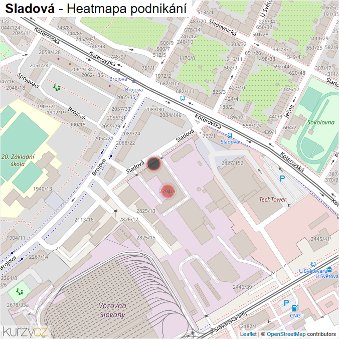 Mapa Sladová - Firmy v ulici.