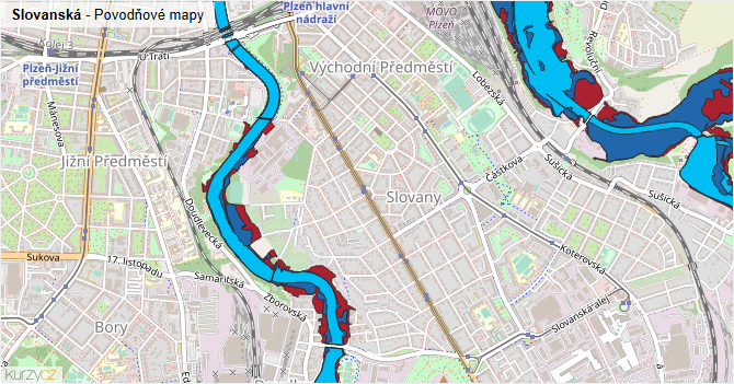 Slovanská - záplavové mapy stoleté vody