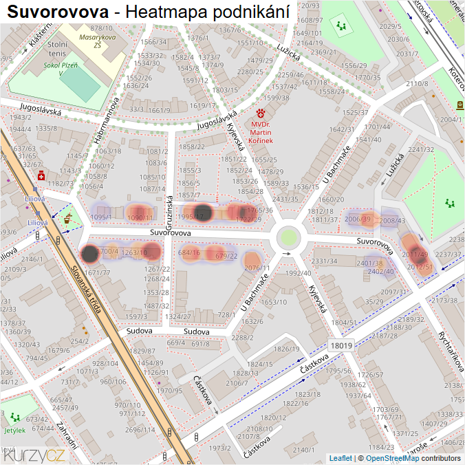 Mapa Suvorovova - Firmy v ulici.