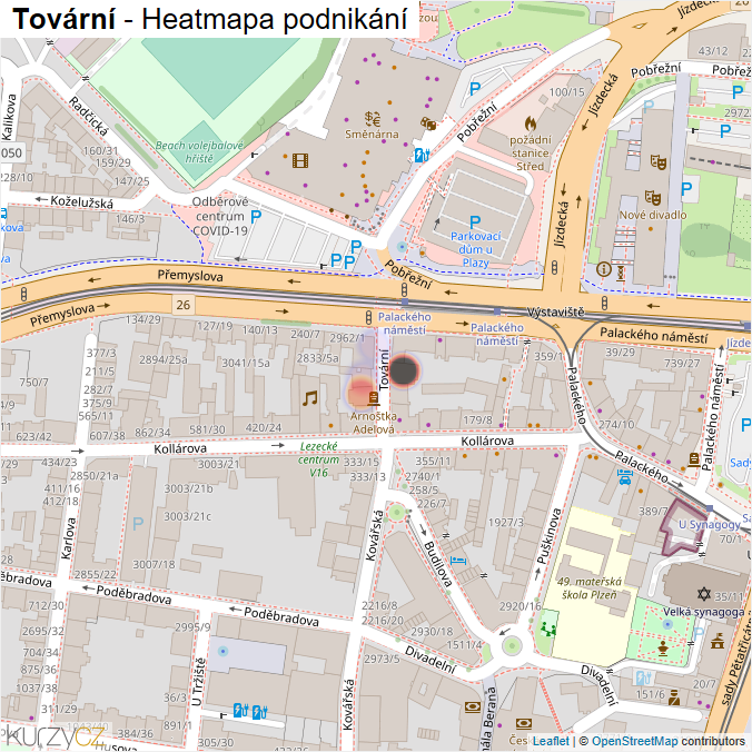 Mapa Tovární - Firmy v ulici.
