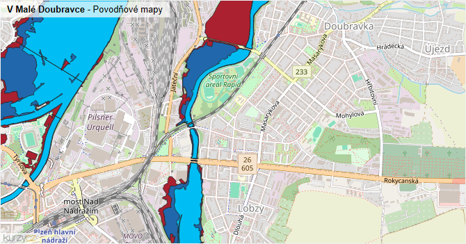 V Malé Doubravce - záplavové mapy stoleté vody