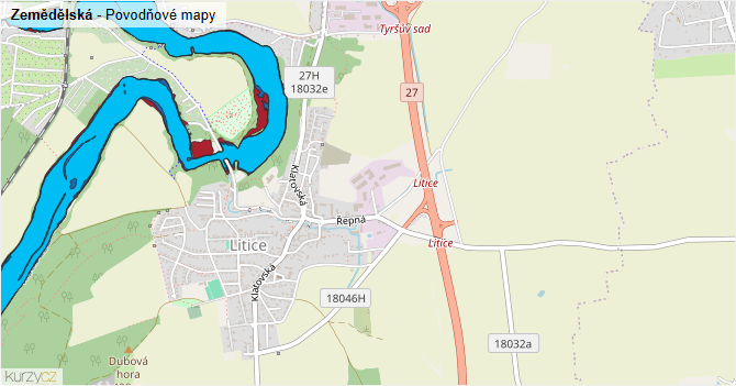 Zemědělská - záplavové mapy stoleté vody