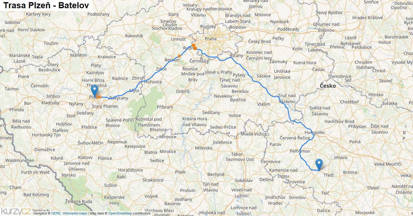 Plzeň-Batelov, mapa trasy