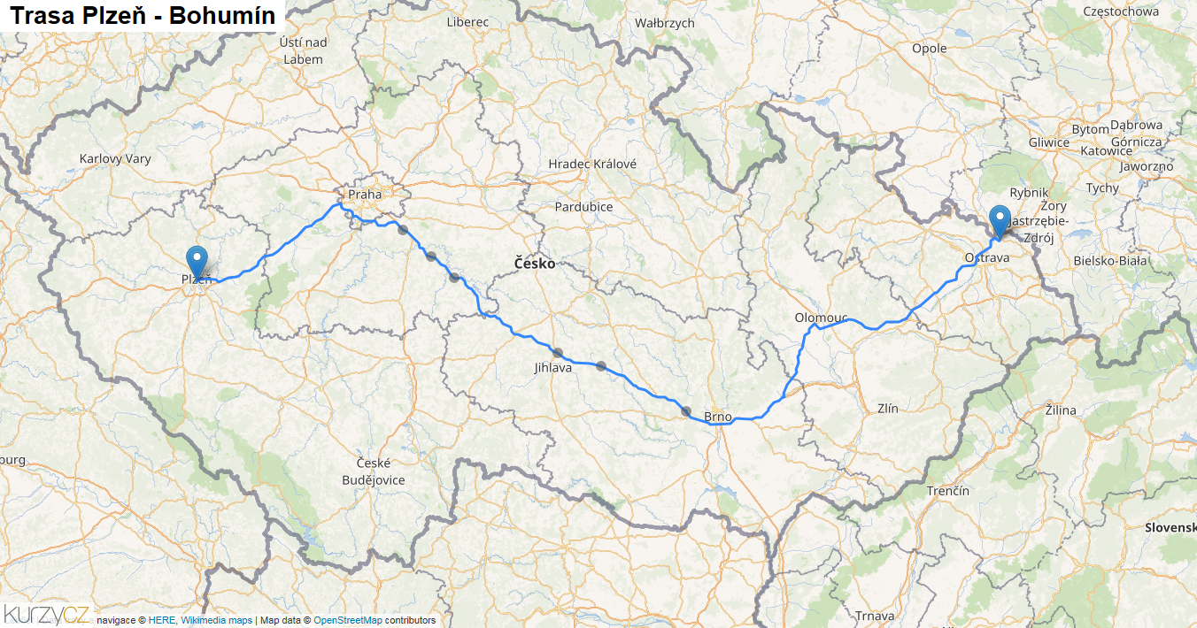 Plzeň-Bohumín, mapa trasy