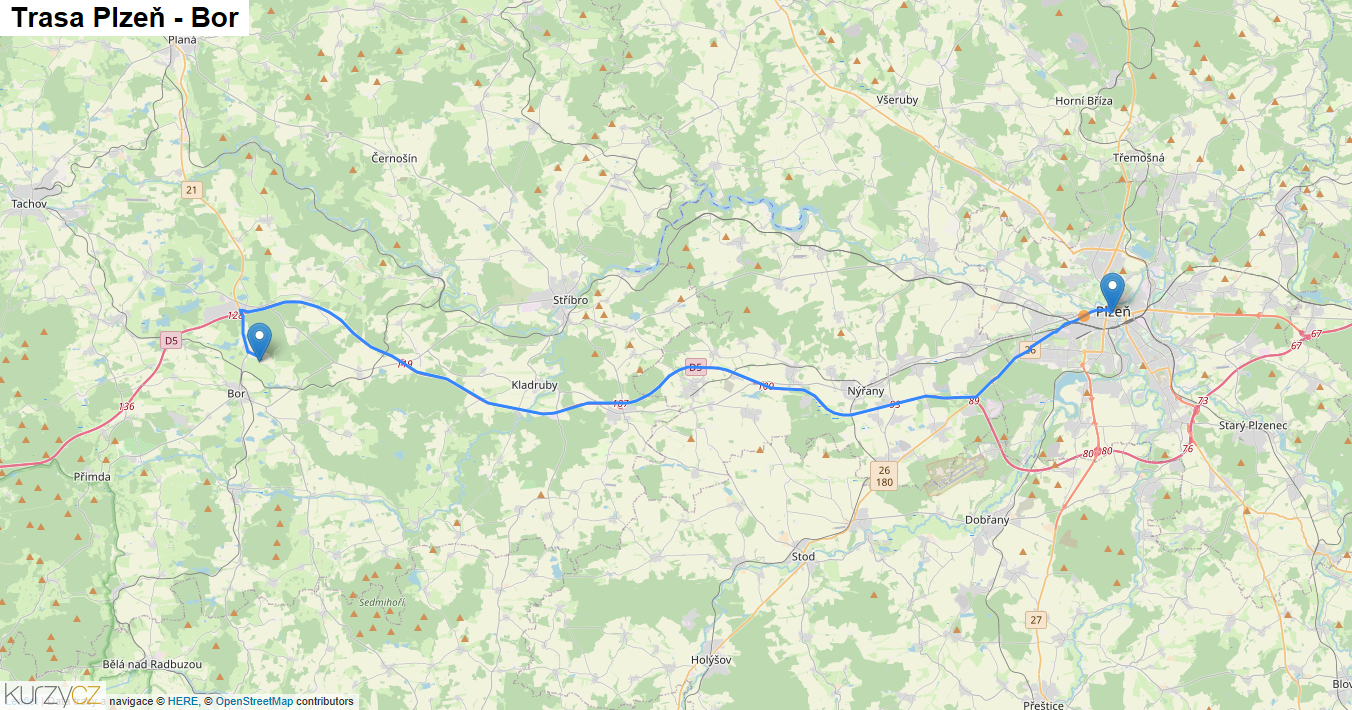 Plzeň-Bor, mapa trasy
