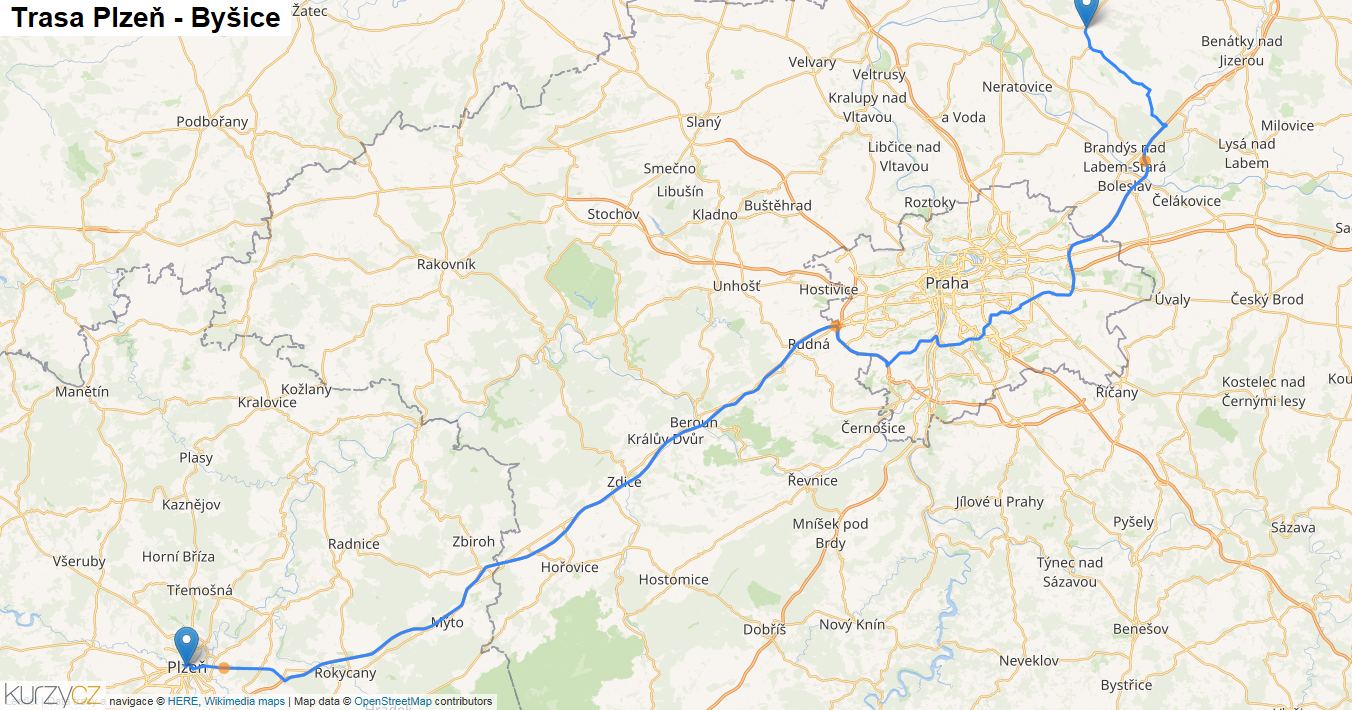 Plzeň-Byšice, mapa trasy