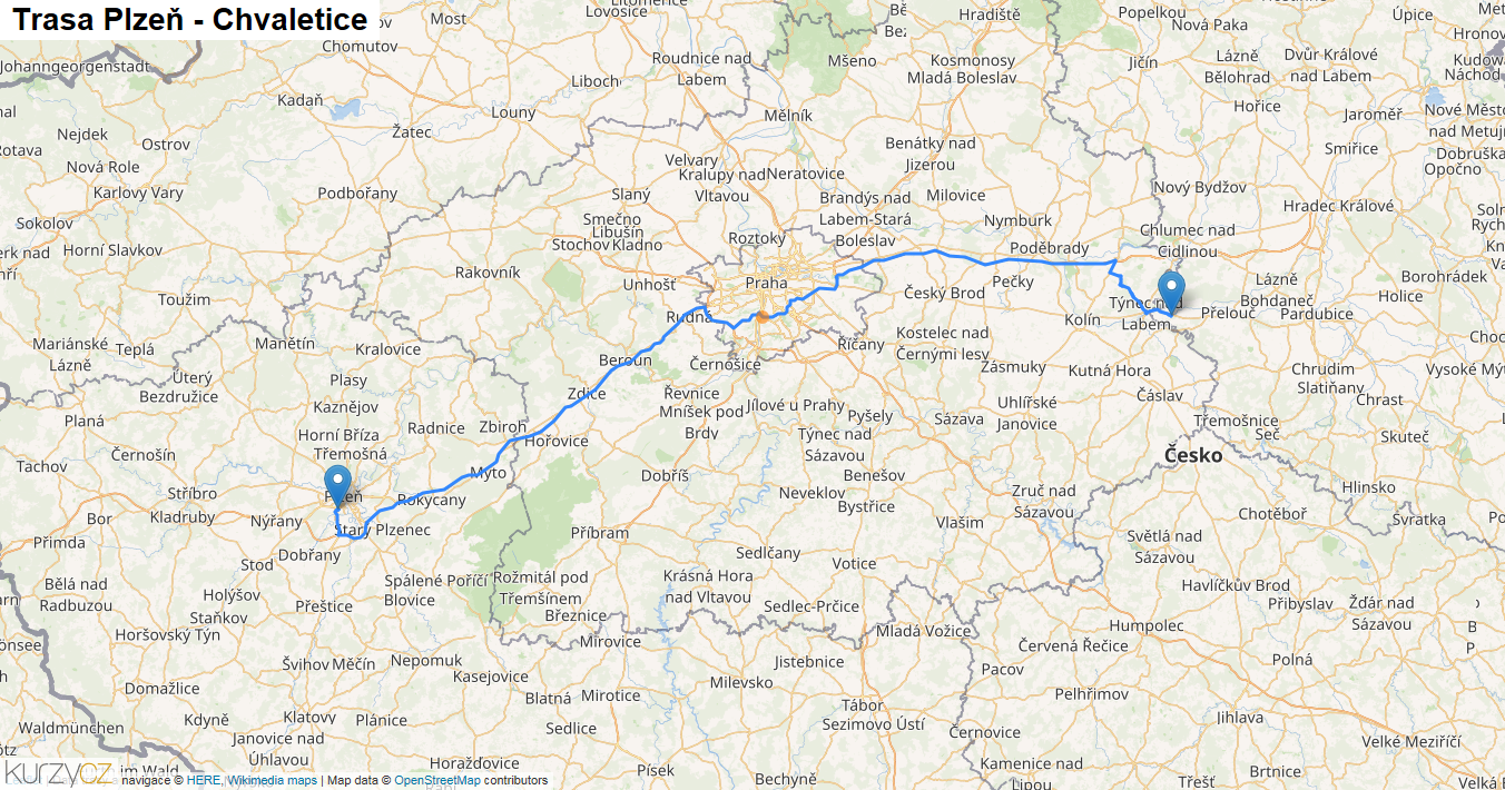 Plzeň-Chvaletice, mapa trasy